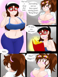 book brown_hair cleavage comic dialogue glasses goggles goggles_on_head hair_growth hat jeans kobi94 lab_coat large_breasts magic midriff ponytail speech_bubble tank_top transgender