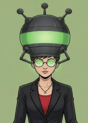 ai_art black_hair brain_injection carmen_sandiego clothed expressionless female_only femsub glasses glowing glowing_eyes green_eyes helmet hypnotic_accessory jewelry jimmy_neutron_(series) julia_argent_(carmen_sandiego) necklace short_hair solo tech_control yolkian zupern0va_(manipper)