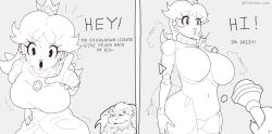  before_and_after bowser breasts claws clothed collar crown dialogue doll_joints dollification dress earrings eyelashes femsub greyscale hand_on_hip huge_breasts instant_loss large_breasts magic magic_wand maledom marchenillust monochrome nintendo princess princess_daisy signature simple_background standing standing_at_attention super_mario_bros. tears text transformation white_background 