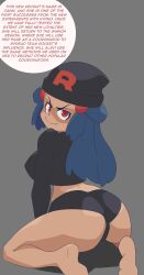 absurdres alternate_costume ass bare_legs barefoot blue_hair corruption dawn dialogue enemy_conversion evil_smile female_only femsub hair_ornament happy_trance hat kneeling long_hair memetic_control midriff nintendo pokemon red_eyes short_shorts simple_background smile sourowl speech_bubble team_rocket text