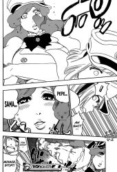 angry bleach blush breasts comic drool femsub greyscale hat heart heart_eyes large_breasts liltotto_lamperd meninas_mcallon multiple_girls muscle_girl short_hair symbol_in_eyes text very_long_hair