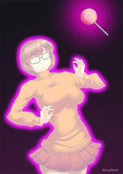 breasts brown_hair female_only femsub glasses glowing gradient_background hadant large_breasts scooby-doo_(series) short_hair short_skirt signature simple_background skirt solo sweater transformation velma_dinkley watermark