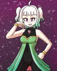  ahoge bare_shoulders bracelet breasts clothed costume crystal dress evil_smile eye_color_change eyeshadow female_only femdom femsub green_hair hair_color_change hand_on_hip jewelry mint_fantome multicolored_hair mythkaz original pink_eyes pink_hair possession pream_(hypnolandom) short_hair slit_pupils smile sparkle virtual_youtuber white_hair 