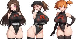 absurdres bodysuit breasts cleavage corruption elaine_(pokemon_let's_go) enemy_conversion erect_nipples_under_clothes female_only femsub gloves hand_on_hip huge_breasts large_breasts latex leaf_(pokemon) leotard manip misty nintendo open_mouth orange_hair pokemon pokemon_red_green_blue_and_yellow short_hair side_ponytail simple_background smile solo stepped_on team_rocket