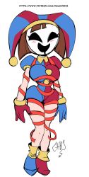 blush bow_tie clown clown_girl femsub gangle_(the_amazing_digital_circus) jester mask pomni possession rope smile standing_at_attention the_amazing_digital_circus 