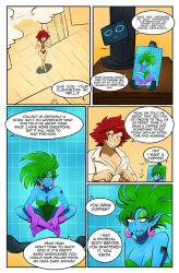  barcode blue_skin boots bree_(gacha_gotcha) cleavage comic dialogue earrings gacha_gotcha gloves green_hair kobi94 leotard panties phone red_hair short_hair snip_(gacha_gotcha) speech_bubble text 