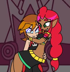 aged_up bare_shoulders belt blue_eyes bracelet braid breath_of_the_wild brown_hair consensual crossover dark_skin disney elf_ears eyebrows_visible_through_hair eyelashes femdom gerudo green_eyes happy_trance hug hypnoscream kingdom_hearts large_breasts long_hair love makeela_riju malesub midriff necklace nintendo red_hair shiny_hair short_hair simple_background sitting sitting_on_lap skirt smile sora square_enix tank_top tears_of_the_kingdom the_legend_of_zelda wide_hips