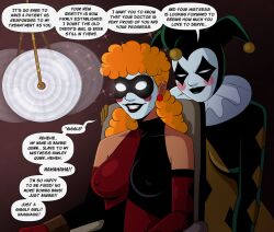  barbara_gordon batman_(series) black_lipstick breasts curly_hair dc_comics dialogue english_text erect_nipples female_only femdom femsub green_lipstick happy_trance harley_quinn jester long_hair mask multiple_girls polmanning red_hair smile sparkle speech_bubble text white_eyes 