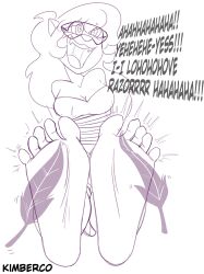 barefoot bondage callie_briggs cat_girl cleavage dialogue feet female_only femsub foot_focus furry glasses greyscale kimberco laughing long_hair monochrome open_mouth ring_eyes solo swat_kats tears text tickling visor