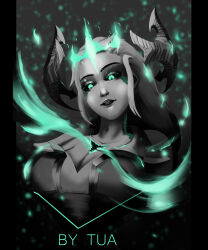 alternate_color_scheme aura black_sclera body_markings breasts cleavage control_indicator corruption crown dragon_girl eye_color_change facial_markings femsub green_eyes grey_hair hair_color_change horns large_breasts league_of_legends long_hair maledom pale_skin possession ruination shyvana_(league_of_legends) slit_pupils smoke tua viego_(league_of_legends)