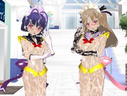  3d 3d_custom_girl ahoge alternate_color_scheme belt blush bottomless brown_hair clothed_exposure collar empty_eyes female_only femsub gloves happy_trance heart heart_eyes kanaha_yuzuki looking_at_viewer magical_girl mahou_senshi_sweet_knight multiple_girls multiple_subs open_mouth purple_eyes purple_hair ribbon ririko_nanase saihate_no_majo short_hair smile solo standing symbol_in_eyes topless twintails unusual_cum wet 