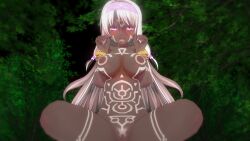 3d absurdres anklet arm_bands ass body_markings bracelet breasts custom_maid_3d_2 dark_side_ruler dark_skin drool fate/grand_order fate/stay_night fate_(series) female_only femsub headband illyasviel_von_einzbern large_breasts midriff nail_polish navel pink_eyes pubic_hair sitonai_(fate/grand_order) solo squatting tribal very_long_hair white_hair