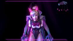  3d animated animated_gif blonde_hair body_control bow breasts clothed d.va dazed expressionless female_only femdom femsub headphones human_puppet long_hair multiple_girls open_mouth overwatch puppet sombra_(overwatch) tech_control text vynil 
