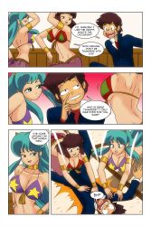 assertive_sub ataru_moroboshi border bracelet breasts brown_eyes brown_hair cleavage comic dialogue english_text green_eyes green_hair hand_on_hip harem_outfit large_breasts long_hair lum midriff multiple_girls navel see-through shinobu_miyaki short_hair smile text urusei_yatsura wadevezecha