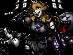  artist_request blonde_hair corruption crown earrings fangs ghost gloves glowing glowing_eyes jewelry long_hair mushroom necklace nintendo opera_gloves princess princess_peach smile super_mario_bros. thighhighs tongue tongue_out torn_clothes western 