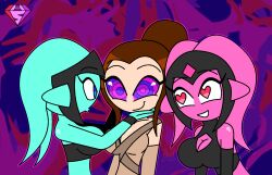  bare_shoulders blue_skin brown_hair chin_hold cleavage cleavage_cutout crop_top disney eyebrows_visible_through_hair eyelashes female_only femdom femsub happy_trance heart_eyes hypnoscream kaa_eyes large_breasts love midriff multiple_doms multiple_girls pink_skin rey_(star_wars) shiny_hair shiny_skin simple_background smile star_wars tied_hair tube_top twi'lek 