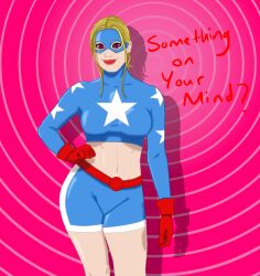 blonde_hair dc_comics female_only femsub gloves happy_trance looking_at_viewer midriff saltygauntlet shorts smile spiral spiral_eyes stargirl super_hero symbol_in_eyes text thick_thighs thighs tight_clothing