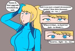  blonde_hair blue_eyes bodysuit clock comic confused dialogue eyelashes femsub hand_on_head long_hair metroid_(series) nintendo ponytail resisting samus_aran signature simple_background source_request speech_bubble suit symbol_in_eyes tagme text tick-tock_saying tied_hair transformation xxxx52 zero_suit 