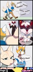  absurdres aggretsuko artifact_the_fox black_eyes blue_eyes brown_eyes closed_eyes clothed comic dialogue fenneko_(aggretsuko) fox_boy fox_girl glowhorn jewelry office open_mouth orange_eyes red_hair red_panda_girl retsuko_(aggretsuko) ring sanrio sharp_teeth simple_background smile sparkle suit tail tie wedding_ring white_hair 