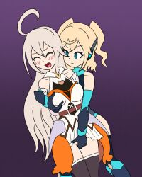  ahoge blonde_hair blue_eyes blush celtie_(world_flipper) empty_eyes female_only femsub groping long_hair mythkaz rinoa_(world_flipper) short_hair tagme world_flipper 