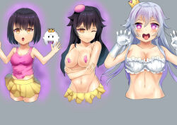 absurdres aged_up alternate_hairstyle aura bare_shoulders black_hair bon! booette bra breast_expansion breasts character_request cleavage clothed crossed_arms crown eye_color_change femsub ghost gloves grey_background hair_color_change happy_trance heart heart_eyes hypnotic_smoke identity_swap king_boo large_breasts looking_at_viewer maledom midriff navel nintendo one_eye_open open_mouth sequence sharp_teeth shirt short_hair simple_background skirt smoke super_crown super_mario_bros. symbol_in_eyes tongue tongue_out transformation very_long_hair white_hair yellow_eyes