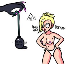 blonde_hair breasts chicken_pose female_only femdom femsub mercy overwatch pet_play pocket_watch sombra_(overwatch) spiral_eyes symbol_in_eyes terrie text topless