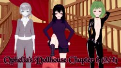  black_hair choker clothed cover emma_(ophelia's_dollhouse) empty_eyes english_text erin_(ophelia's_dollhouse) expressionless female_only femsub green_eyes green_hair grey_hair grey_skin jennifer_(ophelia's_dollhouse) latex long_hair multiple_girls multiple_subs ophelia's_dollhouse ophelia_(ophelia's_dollhouse) purple_eyes red_hair robot robot_girl short_hair stepped_on text zenin1 