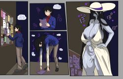  black_eyes black_hair breasts clothed dialogue dress dress_lift english_text genderswap ghost ghost_girl grey_skin growth hair_covering_one_eye hair_growth huge_breasts long_hair malesub nipples original pussy pussy_juice ryu34 sequence short_hair sweat text transformation transgender 