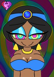 aladdin_(series) androgynous_dom bare_shoulders black_hair cleavage disney earrings eyebrows_visible_through_hair eyelashes eyeshadow femsub gradient_background happy_trance harem_outfit heavy_eyelids hypnoscream jewelry kaa_eyes large_breasts looking_at_viewer midriff multicolored_eyes pov_dom princess princess_jasmine ring_background shiny_skin simple_background smile solo standing tan_skin tied_hair 