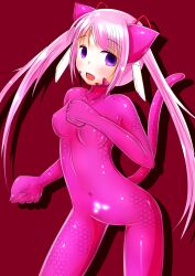  alternate_hair_color blush bodysuit catsuit crotch_tattoo empty_eyes fake_animal_ears fake_tail female_only femsub glowing latex looking_at_viewer nezumi open_mouth pink_hair purple_eyes red_background rubber simple_background small_breasts solo standing tail tech_control tongue tongue_out twintails 