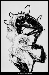 black_cat bodysuit breasts cleavage corruption edge-works felicia_hardy femsub greyscale happy_trance large_breasts long_hair long_nails marvel_comics mask open_clothes parasite slime smile solo super_hero symbiote tentacles watermark western white_background white_hair