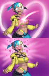  before_and_after blonde_hair blue_eyes blue_hair blush canari_(pokemon) charm_(spell) clothed cupid female_only femsub happy_trance heart heart_eyes iggyburnz love multicolored_hair navel nintendo open_mouth pokemon pokemon_legends_z-a shrunken_irises simple_background symbol symbol_in_eyes tan_skin tube_top twintails 