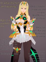  3d absurdres before_and_after blonde_hair brown_eyes cleavage cosplay dialogue elizabeth_(thehguy) female_only femsub hair_ornament koikatsu! large_breasts long_hair male_pov maledom mythra_(xenoblade) nintendo original pantyhose pov pov_dom simple_background solo standing text thehguy xenoblade_chronicles xenoblade_chronicles_2 