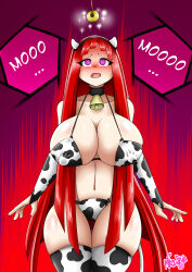  bell_collar bikini bimbofication breast_expansion breasts cleavage coin collar cow_girl cow_print cowbell erect_nipples_under_clothes female_only femsub horns hucow huge_breasts long_hair midriff mizustyle open_mouth pendulum red_hair solo spiral_eyes symbol_in_eyes text thighhighs very_long_hair 