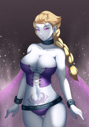  blonde_hair braid breasts cleavage collar corruption cuffs disney empty_eyes fairy_tail femsub frozen haryudanto large_breasts long_hair midriff pale_skin pink_eyes princess queen_elsa rock_of_succubus studded_collar tattoo thighhighs 