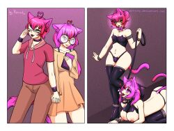  androgynous boots breasts cat_ears cat_tail cleavage crossdressing erect_nipples femboy femsub glasses heart heart_eyes high_heels hypnotized_dom large_breasts latex leash maledom nipple_piercing piercing pink_hair porniky slit_pupils symbol_in_eyes tongue tongue_out tongue_piercing trap 