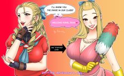 before_and_after bimbofication blonde_hair bow breasts capcom cleaning dialogue empty_eyes female_only femsub happy_trance karin_kanzuki large_breasts porniky stepfordization street_fighter text
