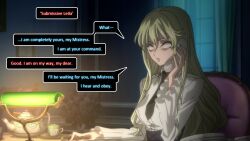  aliensdideverything_(manipper) bangs blonde_hair clothed code_geass complex_background dialogue expressionless female_only femdom femsub leila_malcal long_hair manip phone shirt solo speech_bubble text tie trigger whitewash_eyes 