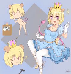 barefoot blonde_hair bottomless breasts crown demon_girl female_only femsub gloves gojulas happy_trance horns jewelry kaa&#039;lin large_breasts monster_girl nude original princess short_hair succubus super_crown tail topless