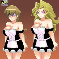  alexis_rhodes bangs blonde_hair breasts cleavage collarbone expressionless femsub gradient_background large_breasts long_hair mai_valentine maid multiple_girls multiple_subs nrkb462 purple_eyes ring_eyes signature simple_background smile standing symbol_in_eyes yu-gi-oh! yu-gi-oh!_gx 