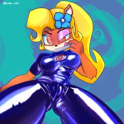 bandicoot_girl blonde_hair bodysuit breasts cameltoe coco_bandicoot corruption crash_bandicoot_(series) ema_npr female_only femsub flower furry happy_trance large_breasts latex n-tranced ponytail solo spiral_eyes symbol_in_eyes tongue tongue_out