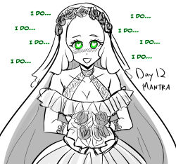 blush bouquet bridal_veil choker cleavage cleavage_cutout clothed collarbone cuffs female_only femsub flower flower_crown glowing_eyes green_eyes happy_trance heart heart_eyes hypnovember juani_cygnus majinsfw mantra metaphor:refantazio simple_background skirt smile solo text very_long_hair wedding_dress white_background