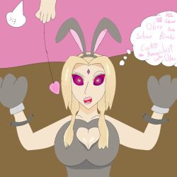 blonde_hair breasts bunnysuit femsub happy_trance large_breasts naruto_(series) obscure spiral_eyes symbol_in_eyes text tsunade
