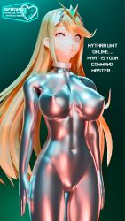  3d blender blonde_hair bodysuit breasts collar drone expressionless female_only femsub graybot long_hair mythra_(xenoblade) nintendo nipples pussy solo standing standing_at_attention supercasket tech_control text whitewash_eyes xenoblade_chronicles xenoblade_chronicles_2 
