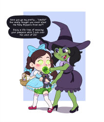 age_regression black_hair bow breasts brown_hair dialogue diaper dorothy_gale female_only femdom femsub green_eyes hat high_heels jamjarmonster large_breasts pacifier purple_eyes spiral_eyes stuffed_animal symbol_in_eyes text the_wizard_of_oz twintails wicked_witch_of_the_west