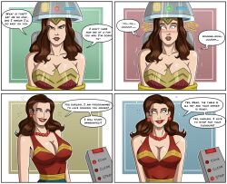 before_and_after breasts brown_hair cleavage comic dazed dc_comics domestication dress earrings female_only femsub happy_trance helmet housewife jewelry large_breasts long_hair necklace polmanning remote_control resisting smile stepfordization super_hero tech_control text western wonder_woman