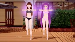 3d astra(lunastra) bouncing_breasts bra brown_hair chicken_dance chicken_pose english_text female_only happy_trance koikatsu! luna(lunastra) lunastra mochi_dance original panties pink_hair pokemon purple_eyes underwear video