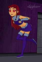  chicken_dance dc_comics femsub happy_trance lilly41944 long_hair midriff red_hair spiral_eyes starfire teen_titans 
