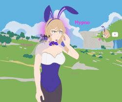 absurdres blonde_hair bunny_girl bunnysuit confuzzled dazed female_only femsub gameplay_mechanics genshin_impact glowing green_eyes hypnovember lisa_minci magic multicolored_eyes open_mouth outdoors pantyhose pink_eyes solo spiral spiral_eyes standing symbol_in_eyes text user_interface 