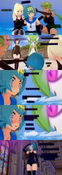  3d black_hair blonde_hair blue_hair cyanstargazer dark_skin empty_eyes femsub gardevoir green_hair lana_(pokemon) leotard lillie_(pokemon) long_hair mallow_(pokemon) nintendo pokemon selene_(pokemon) short_hair text 
